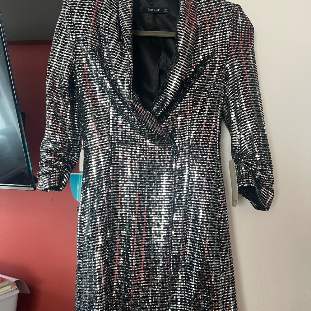 Zara Black and Silver Long Sleeve Sequin Dress